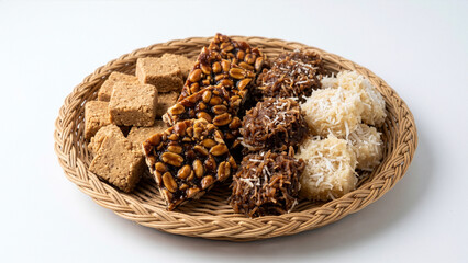 Fototapeta premium Assorted Traditional Brazilian Festa Junina Sweets Including Paçoca, Pé de Moleque, Cocada and Coconut Ball in Wicker Basket on White Background