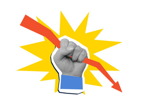 A fist holds a red arrow pointing downwards. Modern photo collage style. Illustration on a transparent background