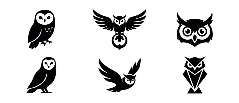 Black owl vector silhouette set featuring flying perched geometric logo design elements isolated on white background symbolizing wisdom education modern minimalist style for nocturnal bird icon bundle