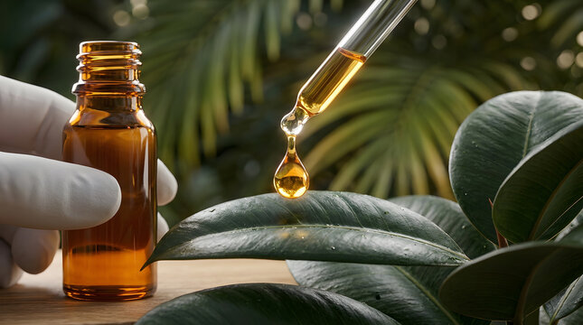 Essential oil dropper dripping on leaf | Natural organic herbal skincare extract | Botanical medicine research in lab | Pure plant based liquid serum