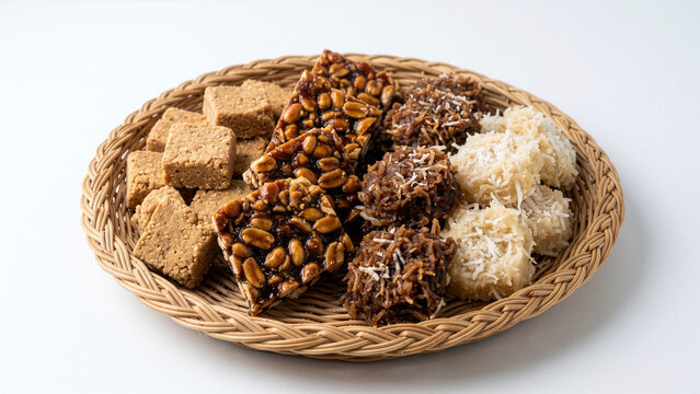 Assorted Traditional Brazilian Festa Junina Sweets Including Pa&ccedil;oca, P&eacute; de Moleque, Cocada and Coconut Ball in Wicker Basket on White Background