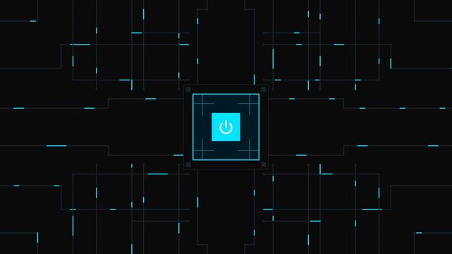 Power button digital icon glowing with blue circuit lines and cyber network data flow on black background.