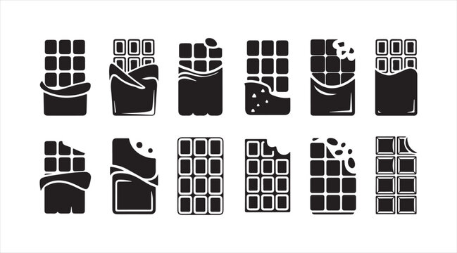 Black silhouette chocolate icon set showing assorted candy bars segmented cocoa tablets and confectionery dessert treats vector illustration