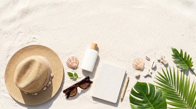Summer beach vacation flat lay with straw hat, sunscreen, and notebook