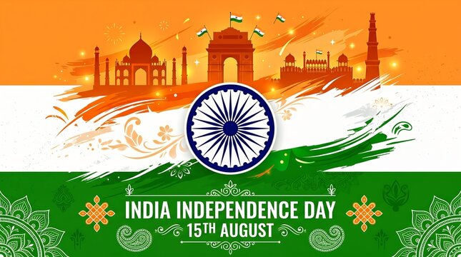 Festive Indian Independence Day Celebration with National Landmarks and Ashok Chakra Graphic