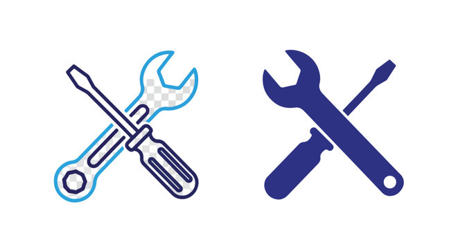 Wrench and screwdriver tool set icon: Glyph and solid icon set - Icon vector - logo icons. Blue, Black and white icons