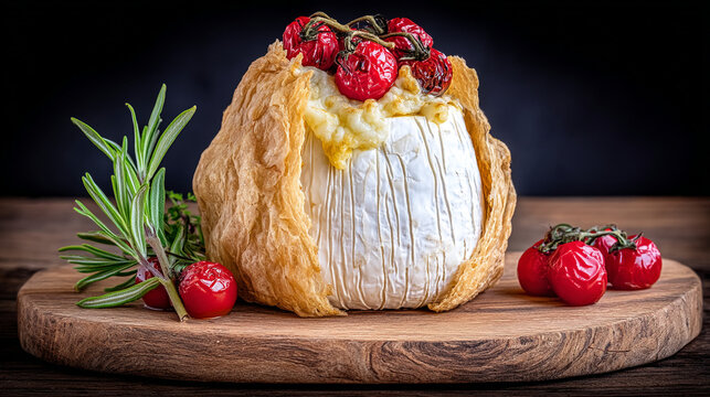 Baked brie cheese wrapped in puff pastry with fresh cherry tomatoes, rosemary