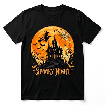 Halloween tshirt design with haunted house, witch, and full moon