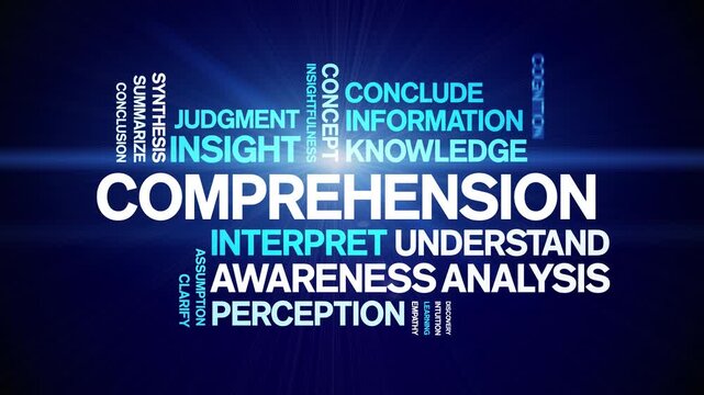 Comprehension animated word cloud-text design animation tag kinetic typography seamless loop.