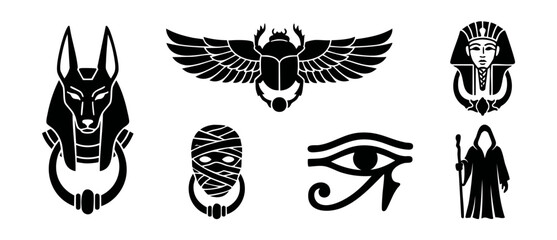 Ancient Egyptian symbols vector set featuring black silhouettes of Anubis door knocker, winged scarab beetle, pharaoh head, mummy mask, eye of horus, hooded priest icons isolated on white backgrounds. © Dinali