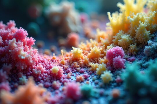 Colorful colonies of bacteria on a slide under microscope, thriving ecosystem, health, tiny lifeforms, intestine