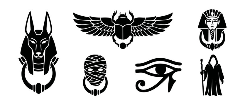 Ancient Egyptian symbols vector set featuring black silhouettes of Anubis door knocker, winged scarab beetle, pharaoh head, mummy mask, eye of horus, hooded priest icons isolated on white backgrounds.