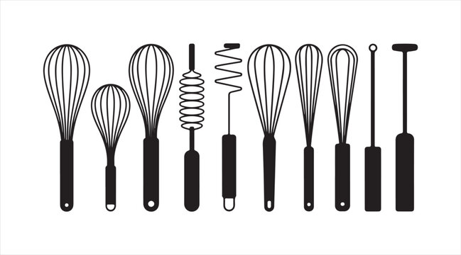 Black silhouette whisk icon set showing culinary mixing tools baking equipment and kitchen utensil accessories vector illustration