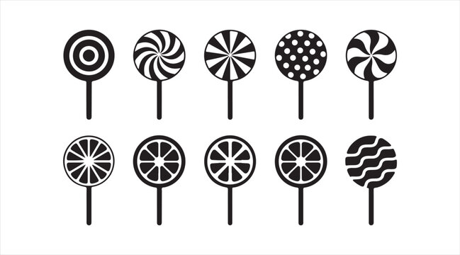 Black silhouette lollipop icon set showing striped swirl and decorative candy treats for confectionery and dessert concepts vector illustration