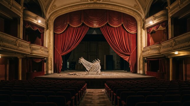 Fallen crystal chandelier on stage of a grand empty theater