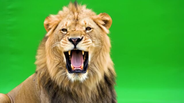 Adult male african lion with a voluminous multi-tonal mane snarls aggressively, baring sharp teeth on a chroma key green screen under studio lighting. Fierce commanding atmosphere