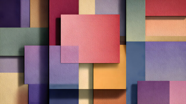 Abstract background with overlapping colorful squares and rectangles creates a modern geometric design.