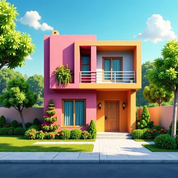 Colorful house with geometric patterns and vibrant colors, shelter, vibrant graphics, residential development