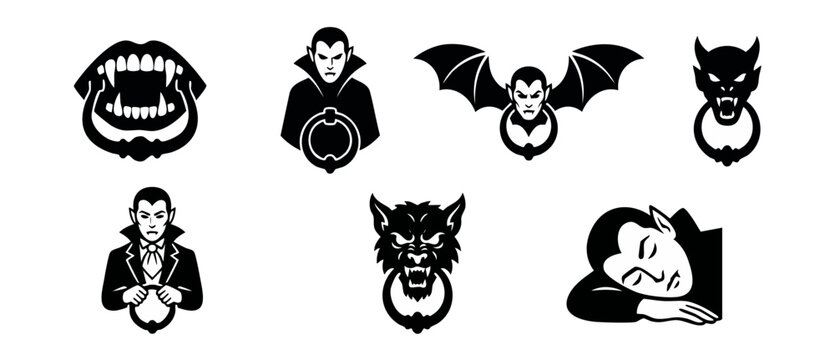 Vampire door knocker vector icons featuring gothic Halloween elements like fangs, bats, demons, and werewolves in black and white silhouette clipart style for ghastly home decor graphic design packs.