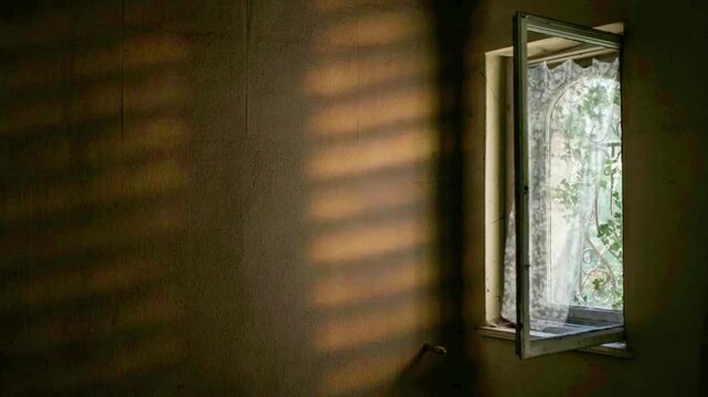 Moody cinematic background of warm sun rays and venetian blind shadows moving across a textured room wall