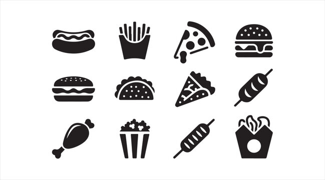 Black fast food icon set showing takeaway meals snacks and restaurant menu items including burgers pizza and popcorn vector illustration