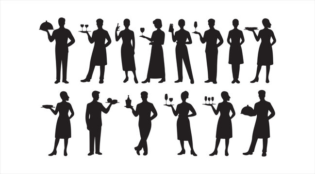 Female server silhouette collection featuring waitresses carrying trays and beverages for hospitality and restaurant service concepts
