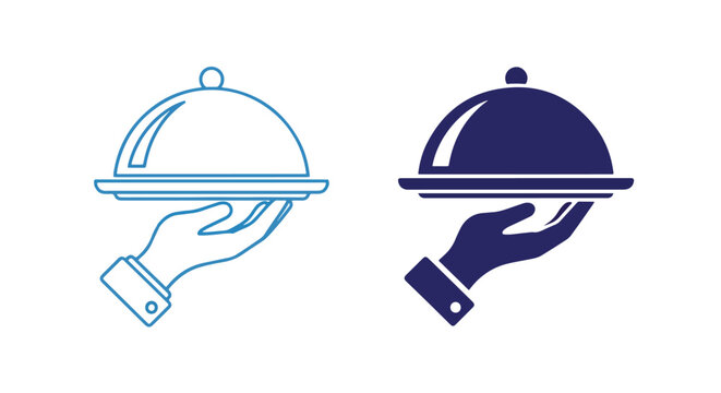 Waiter serving food tray icon blue set: Solid vector icons - Clipart, sticker - icon set - Editable modern style icon