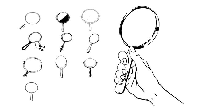 Handheld Shaving Mirror Round Shape on White Background Outline