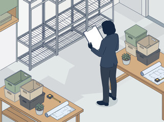 A professional woman inspects a residential property, optimizing space with blueprints and tools. Clean, modern setting with shelving and organized work surfaces. © Vector Factory
