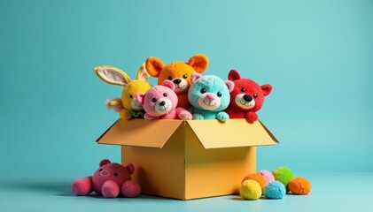 Fototapeta premium Colorful toy-filled box overflowing with plush toys and educational materials , filled box, joyful atmosphere, abundance