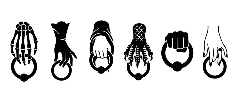 Door knocker hand vector icons set featuring gothic skeleton claw, dragon talon, fist, and elegant female hands holding vintage metal door rings on white background for spooky and classic home design.