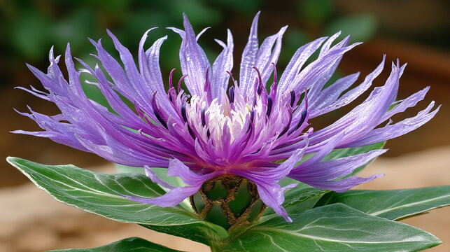Close-up of a purple cornflower centaurea cyanus blooming among green leaves with cornflower