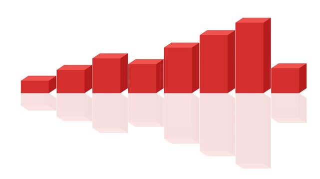 Red 3D bar chart blocks rising sequentially on a white background with reflection for financial data visualization and growth presentation