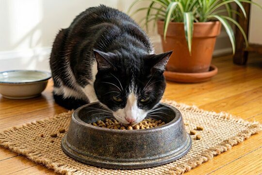 A black and white cat is eating food from a metal bowl