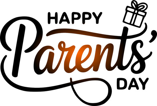 Happy Parents Day greeting card typography template featuring dynamic calligraphic lettering text with a beautiful orange gradient and an isolated gift box line icon on a clean white background.