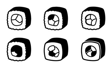 Six Square Sushi Rolls, Simple Vector Icons, Japanese Food Illustration, Black and White Design © MdRiad