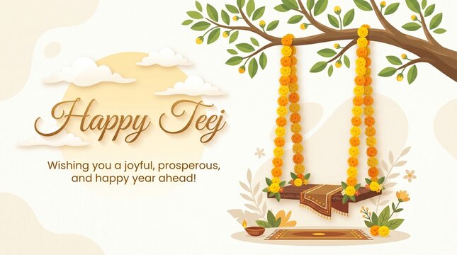 Happy Hariyali Teej Festival teej jhula decorative with marigold flowers Indian brides enjoy swing in monsoon