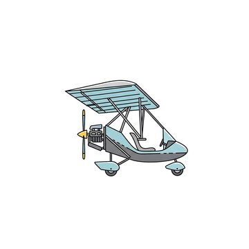 Ultralight aircraft, small light sport plane with propeller engine, side view of a recreational aviation vehicle for flight hobby, isolated on white background