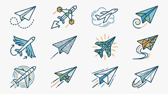 Collection of Hand Drawn Airplane Icons and Symbols.