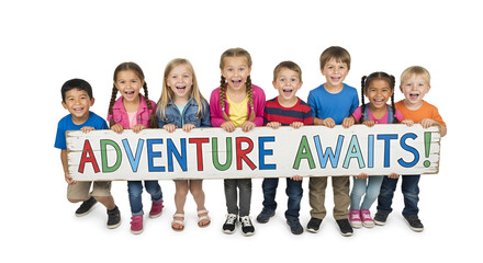 Obraz premium Group of multiethnic elementary kids holding long white wooden sign with colorful text adventure awaits