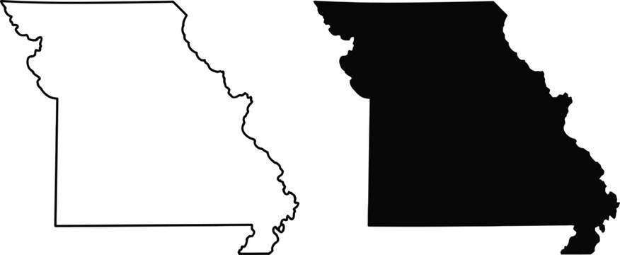 Missouri state map icons, outline and silhouette designs for geography, navigation, regional identity, and mapping projects.
