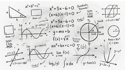 Fototapeta premium Mathematical formulas and geometric shapes on white background