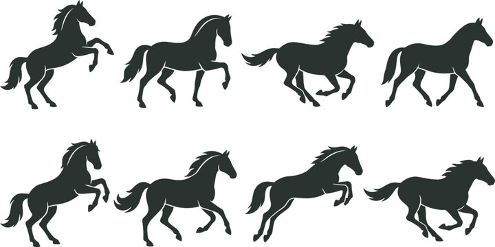 Collection of black horse silhouettes in various running poses