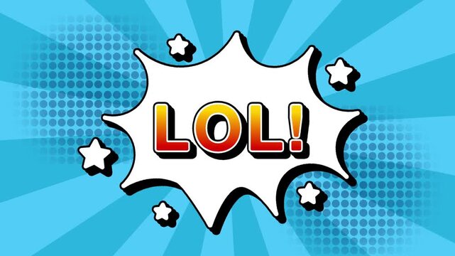 LOL text word lettering popup comic cartoon reveal with bomb and smoke explosion manga anime book page dots with radial speed lines doodle sky blue background with seamless loop animation retro