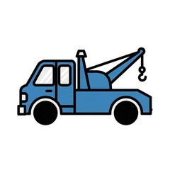 Naklejka premium Blue tow truck icon, flat vector illustration of a recovery vehicle with a crane and hook, isolated on white background