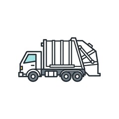Fototapeta premium Garbage truck icon, vector illustration of a waste collection vehicle, side view of a refuse truck for city sanitation services, isolated on white background