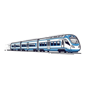 Modern highspeed passenger train moving fast, sleek blue and white commuter train illustration, vector graphic of a streamlined railway vehicle for transportation design