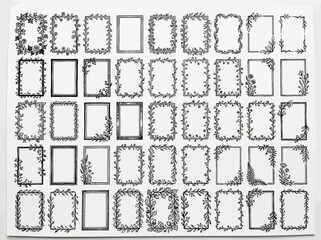 Large set of forty-five hand-drawn floral and botanical rectangular frames in black ink on white background, featuring vintage leaves, flowers, and vines for elegant decorative designs and labels. © Ayong