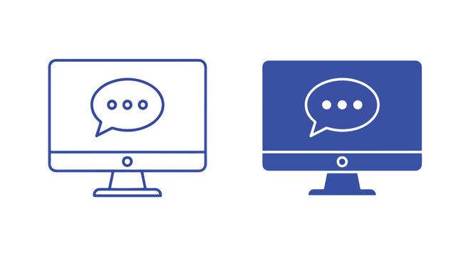 Blue computer screen chat bubble icon set: Solid vector icons - Clipart, sticker - icon set - Editable modern style icon