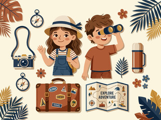 Adorable Flat Illustration of Two Children Exploring with Travel Gear Including Suitcase, Camera, Map, and Binoculars Surrounded by Tropical Leaves and Flowers for Adventure Theme © Ayong